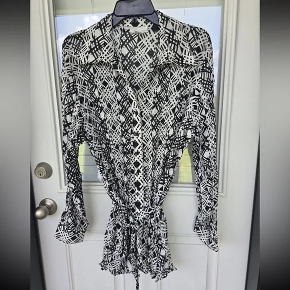 Worthington Pleated Tunic Shirt Sz 1X Plus Button Up Belted BlackWhite Women New - Picture 2 of 14